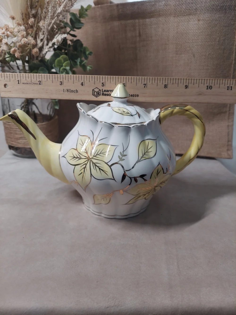 Vintage Royal Sealy Japan Yellow Leaf & Gold Trim Fluted Ceramic Teapot with Lid